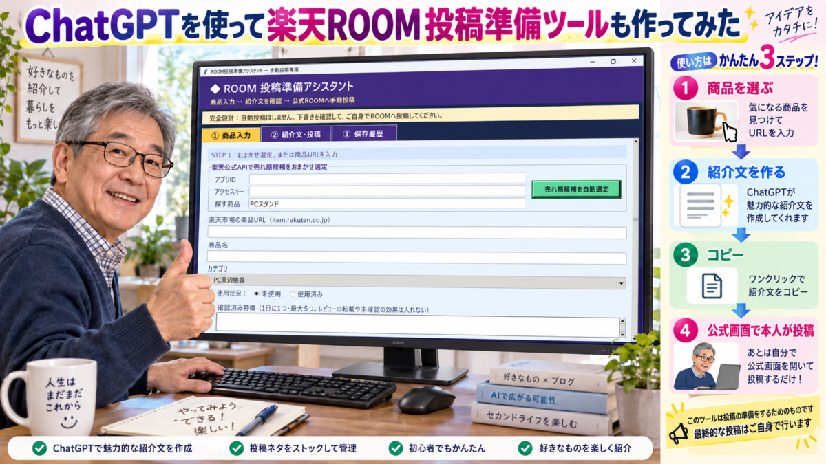 ChatGPTを使って商品情報の入力、紹介文作成、コピー、保存履歴の管理ができる楽天ROOM投稿準備ツールを作った様子
