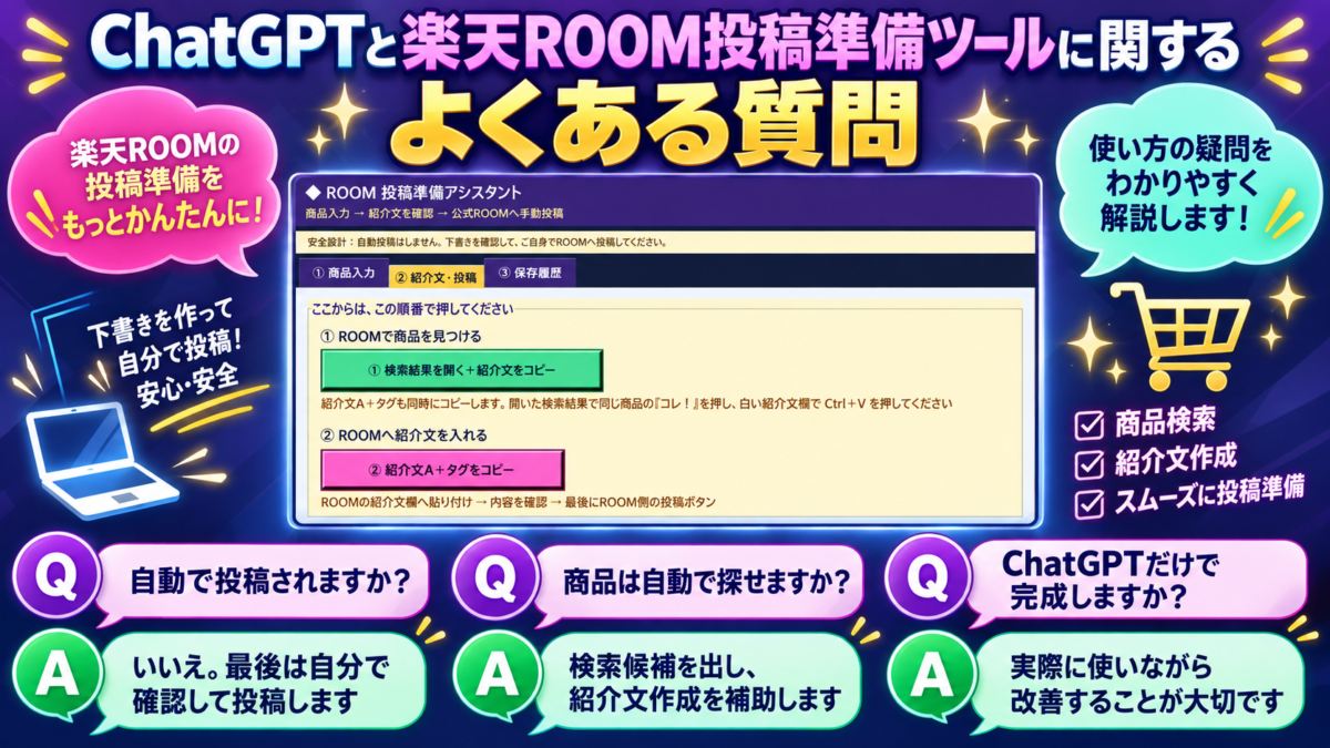 ChatGPTと楽天ROOM投稿準備ツールの自動投稿、商品検索、紹介文作成に関するよくある質問と回答