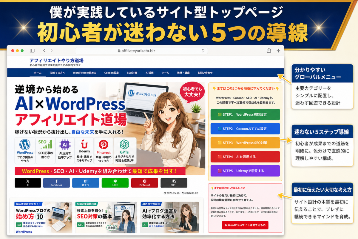 WordPress・Cocoon・SEO・AI・Udemyへの5つの導線を配置したサイト型トップページの実例