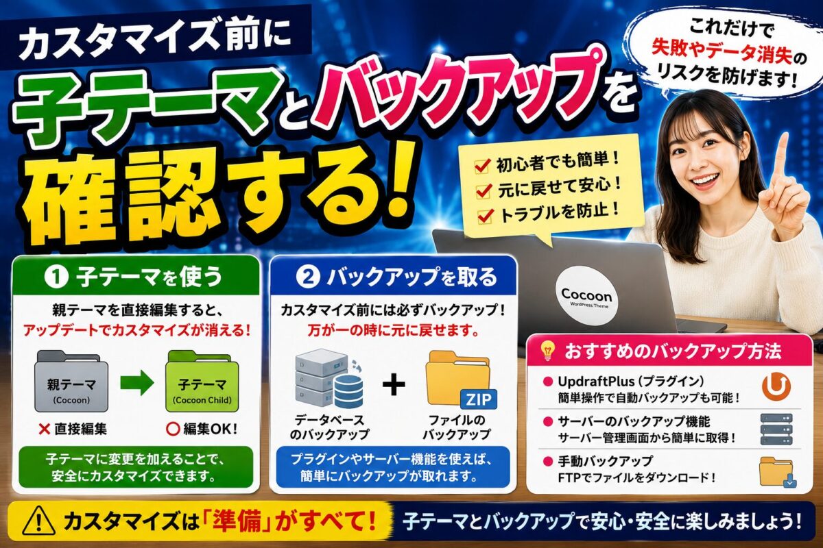 Cocoonカスタマイズ前に子テーマの使用とバックアップを確認する重要性を解説した画像