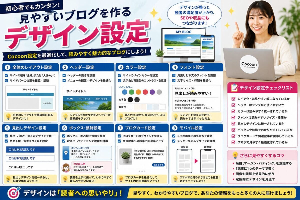 Cocoonで見やすいブログを作るためのレイアウトやカラーなどのデザイン設定を解説した画像