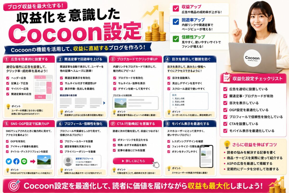 広告や関連記事やCTAなどブログ収益化を意識したCocoon設定を解説した画像