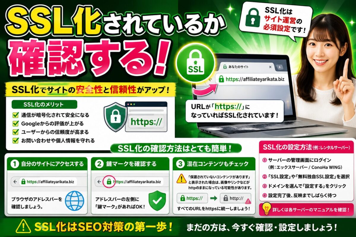 WordPressサイトがSSL化されているか確認する方法とSSL化のメリットを解説した画像