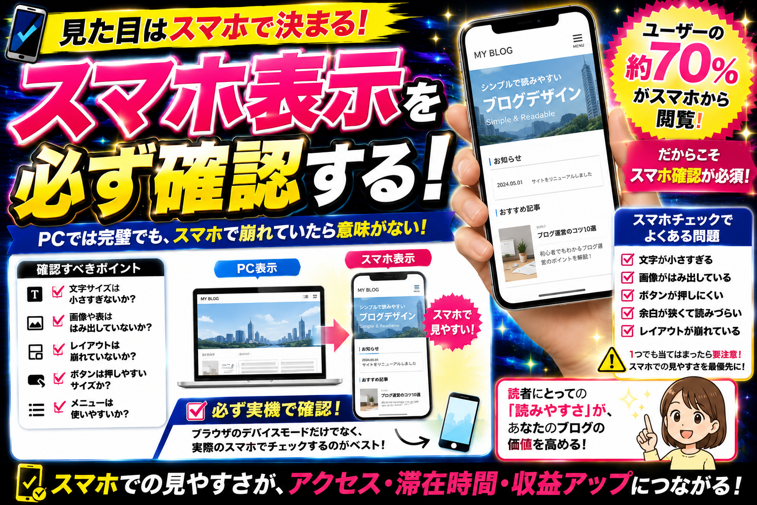 スマホ表示確認の重要性を解説する画像。レスポンシブ対応や文字サイズ、レイアウト崩れチェックのポイントを紹介。