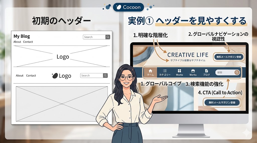 実例① ヘッダーを見やすくする」のBefore/After比較画像。左側にはワイヤーフレームで描かれたシンプルな「初期のヘッダー」、右側にはパソコンの画面内に表示された、明確な階層化とグローバルナビゲーション、CTAボタン、検索機能が強化された「カスタマイズ後のヘッダー」が配置されています。中央では女性のイラストが右側の画面を案内しています。