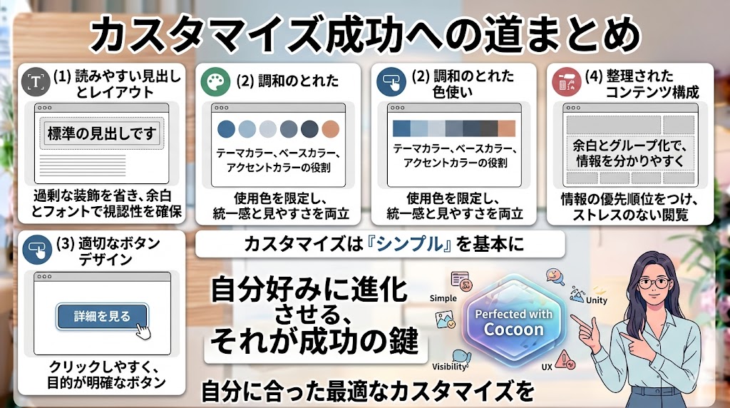 「カスタマイズ成功への道まとめ」の総括画像。これまでのポイントをおさらいするように「（1）読みやすい見出しとレイアウト」「（2）調和のとれた色使い（テーマ・ベース・アクセントカラーの限定）」「（3）適切なボタンデザイン」「（4）整理されたコンテンツ構成（余白とグループ化）」がカード形式で配置されています。中央には「自分好みに進化させる、それが成功の鍵」「カスタマイズは『シンプル』を基本に」というメッセージが大きく掲げられています。