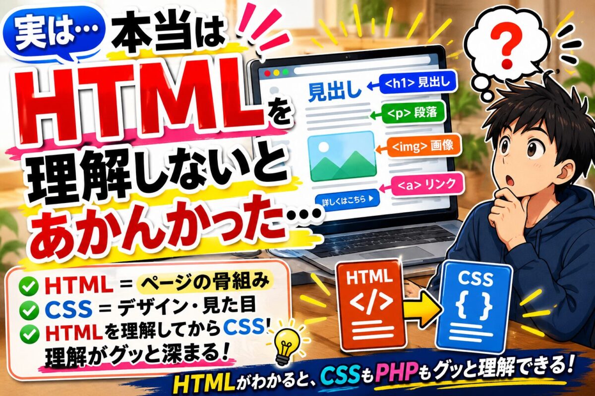 HTMLはWebページの骨組み、CSSはデザインを担当することを初心者向けに解説した画像。HTMLを理解してからCSSを学ぶことで、WordPressやCocoonカスタマイズ、PHPまで理解が深まることを紹介。