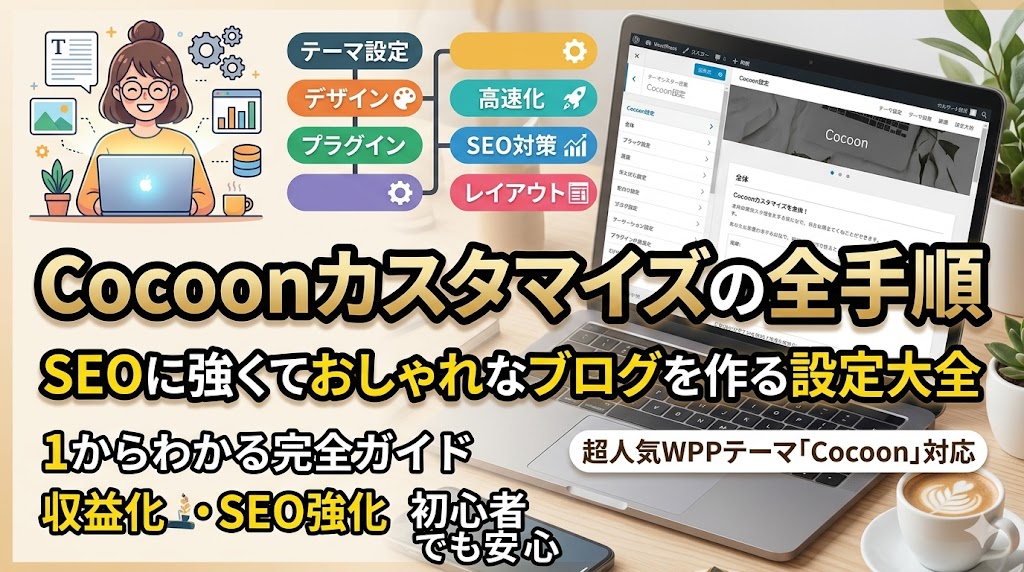 Cocoonカスタマイズの重要性を解説するイメージ画像。SEO対策やサイト改善のメリットを紹介。