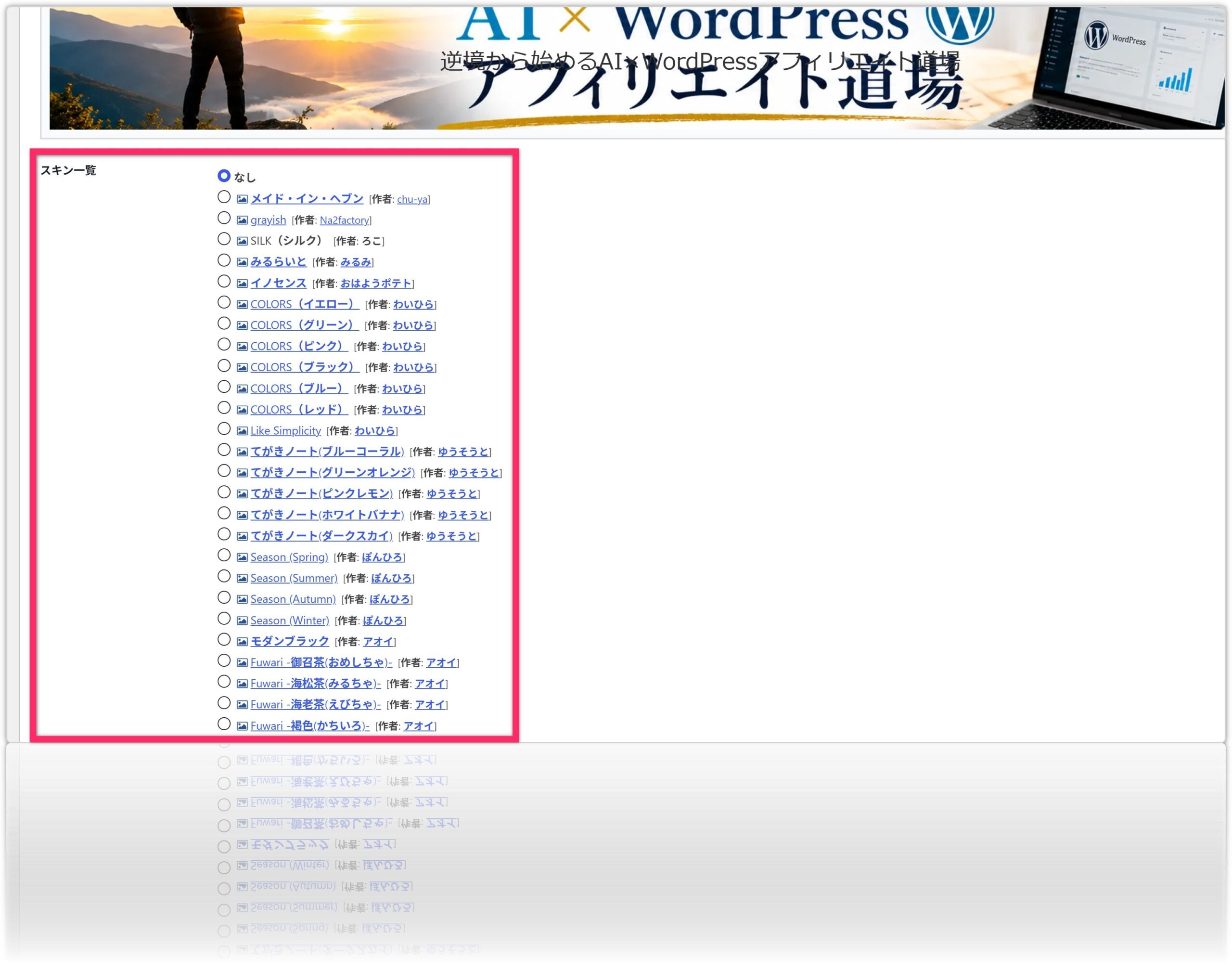 Cocoon設定のスキン一覧画面。WordPressサイトのデザインを変更するためのスキン設定画面のスクリーンショット