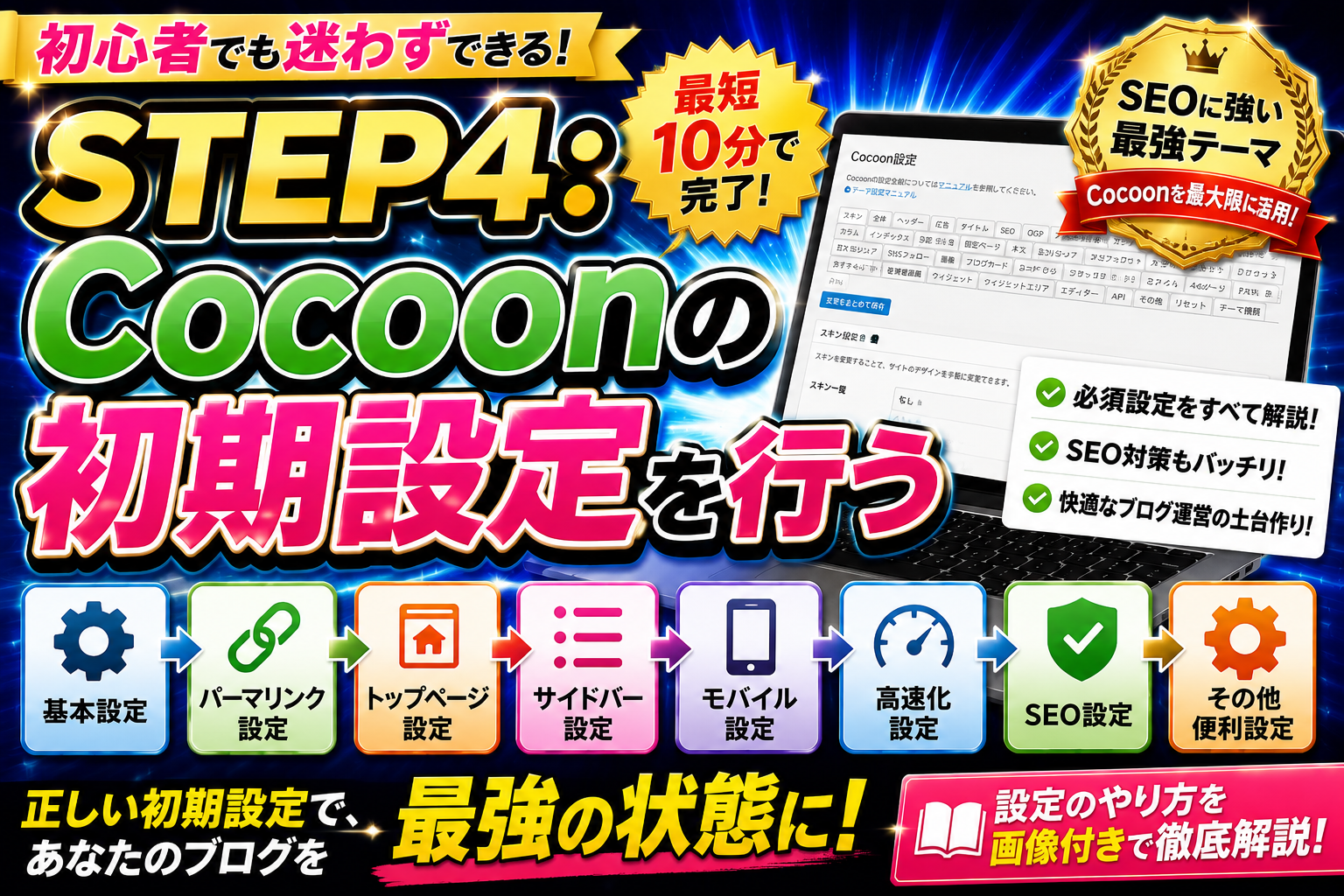 Cocoonのおすすめ初期設定を解説する画像。パーマリンク設定やSEO設定などブログ運営に必要な設定を紹介。