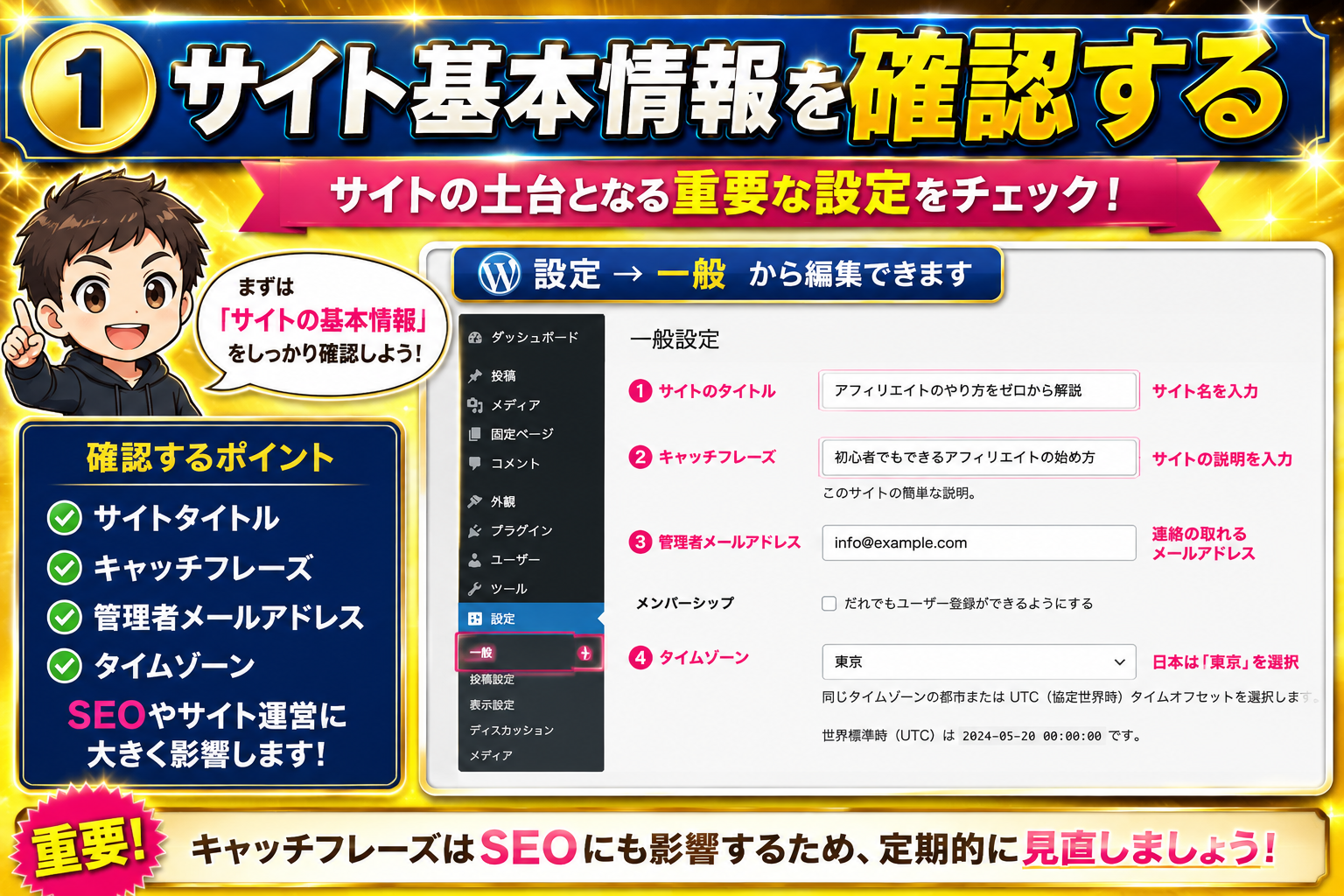 WordPressのサイト基本情報を確認する方法を解説した画像。サイトタイトル、キャッチフレーズ、管理者メールアドレス、タイムゾーン設定などCocoon初期設定で重要な項目を紹介。