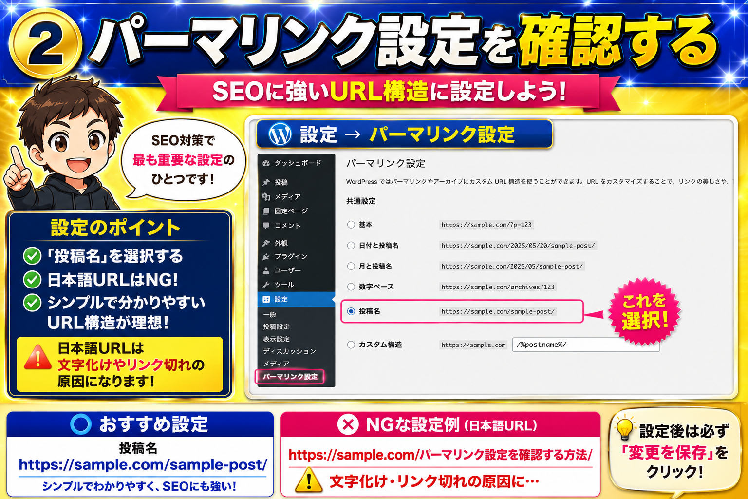 WordPressのパーマリンク設定を確認する方法を解説した画像。SEOに強い投稿名設定や日本語URLを避ける重要性を分かりやすく紹介。