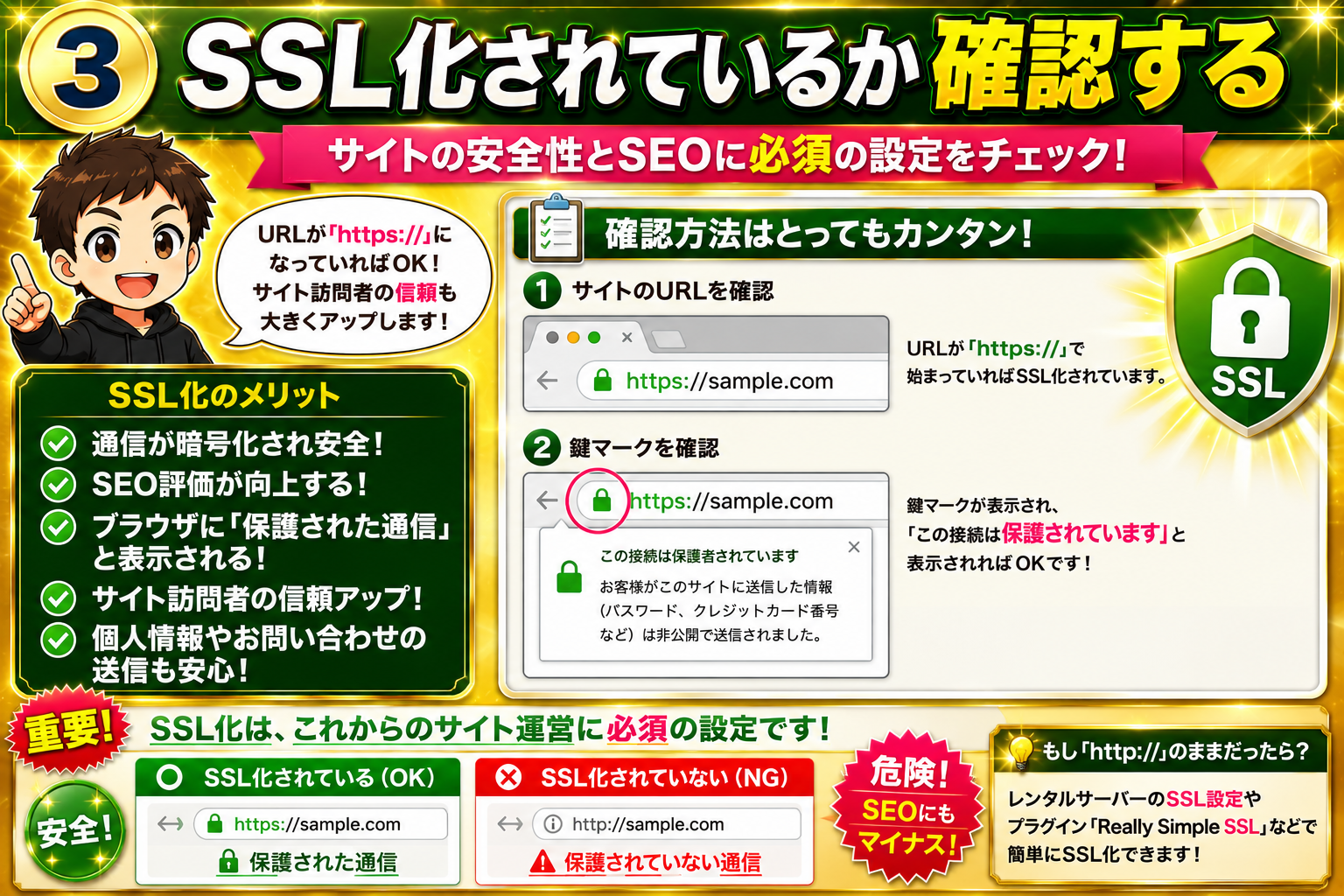 WordPressサイトがSSL化されているか確認する方法を解説した画像。https表示や鍵マークの確認方法、SEO対策とセキュリティ向上の重要性を紹介。