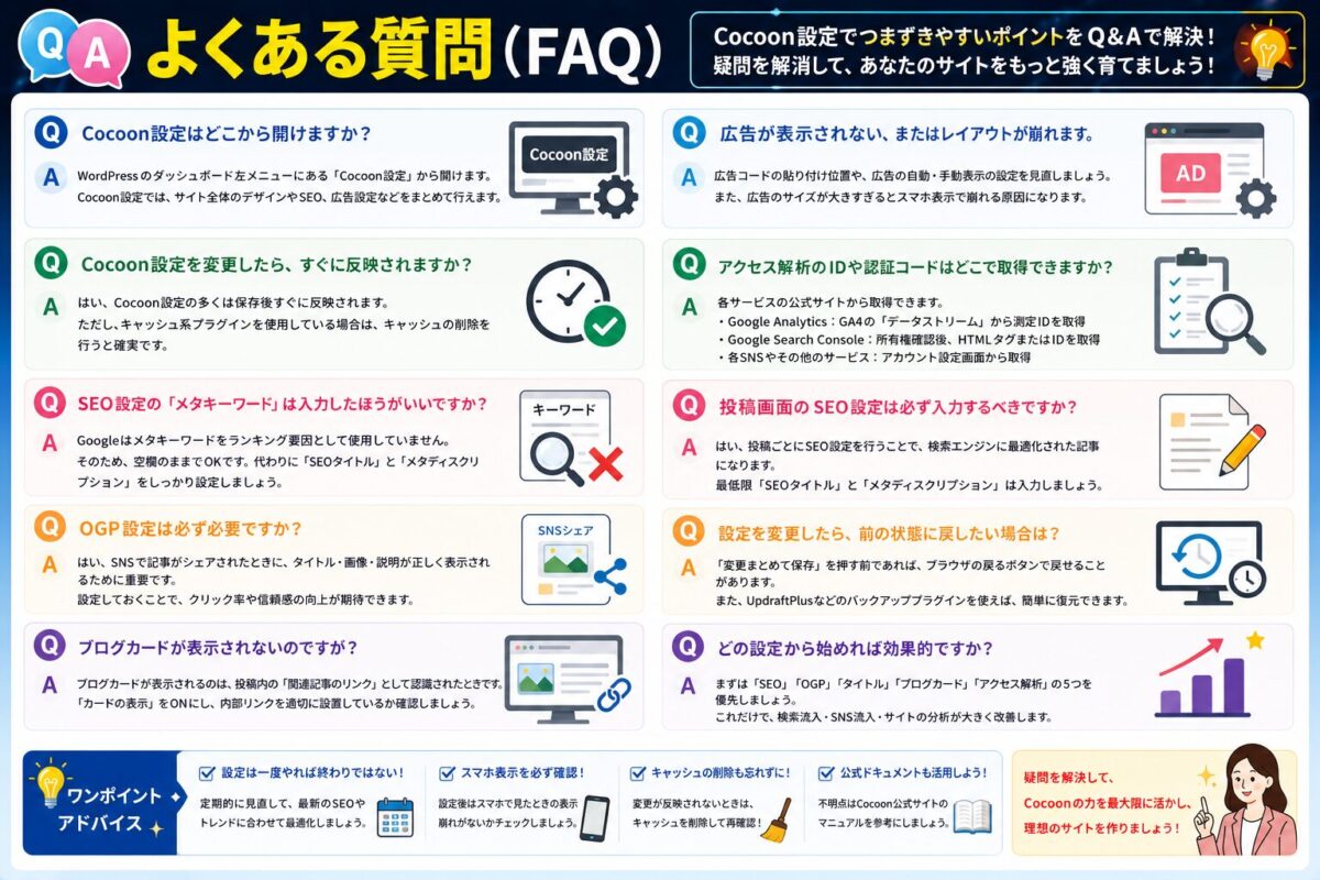 Cocoon設定で初心者がよくある質問をQ&A形式でまとめた画像。SEO・OGP・広告・アクセス解析などの疑問をわかりやすく解説。