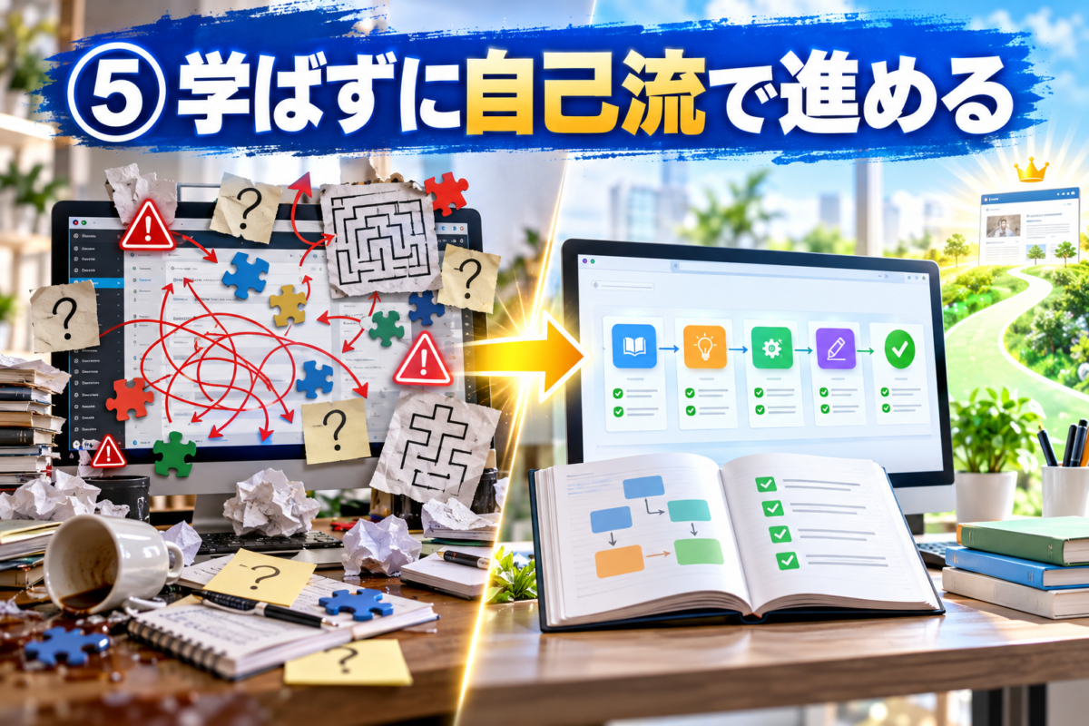 アフィリエイト初心者が学ばず自己流で迷う失敗と基本を学んで正しい手順で進む大切さを表した画像