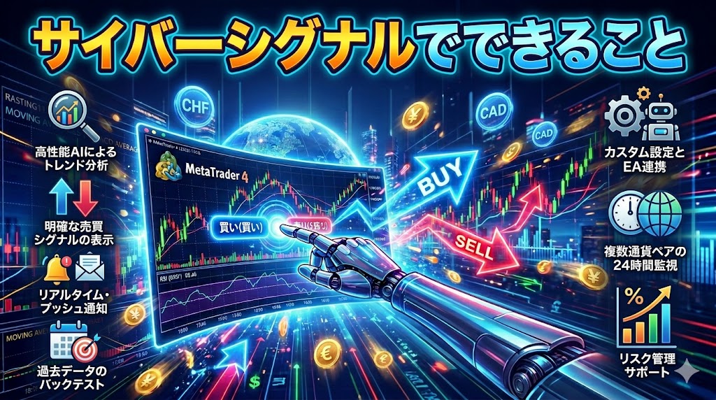 MT4対応AIインジケーター「サイバーシグナル（CyberSignal）」の売買シグナル・自動利確EA・FX初心者向け機能を紹介するアイキャッチ画像