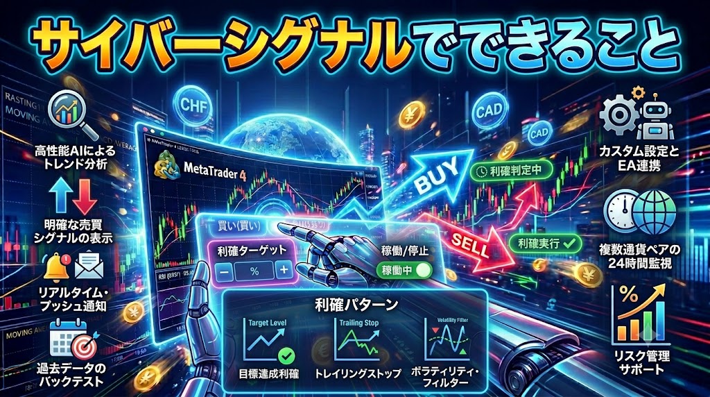 CyberSignalで利用できる売買シグナル・アラート・自動利確EAなどの主要機能を紹介するイメージ画像