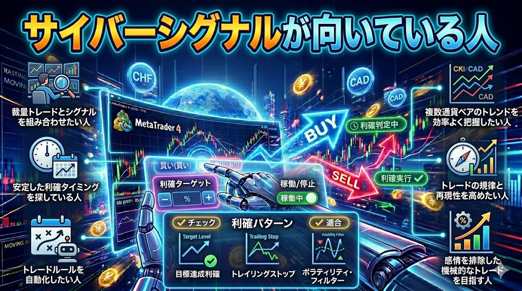 CyberSignalが向いているFX初心者や裁量トレーダーの特徴をまとめたイメージ画像