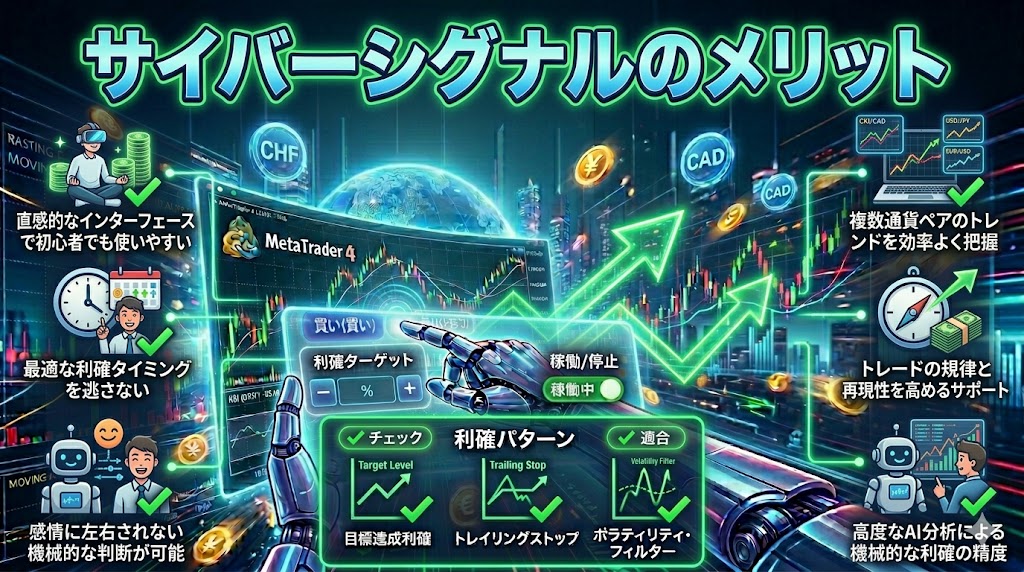 AI売買シグナルや自動利確EAなどCyberSignalを導入するメリットを紹介するイメージ画像