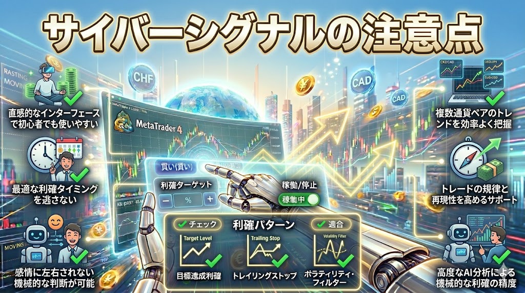 CyberSignalを利用する際の注意点やFX投資リスクをわかりやすく解説するイメージ画像