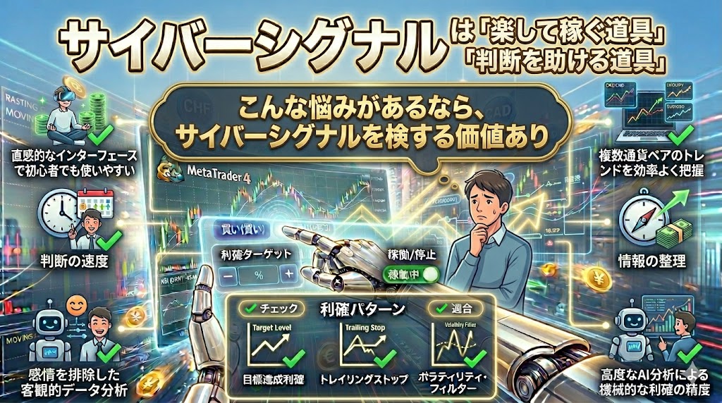 エントリーや利確のタイミングに悩むFX初心者へCyberSignalをおすすめするイメージ画像