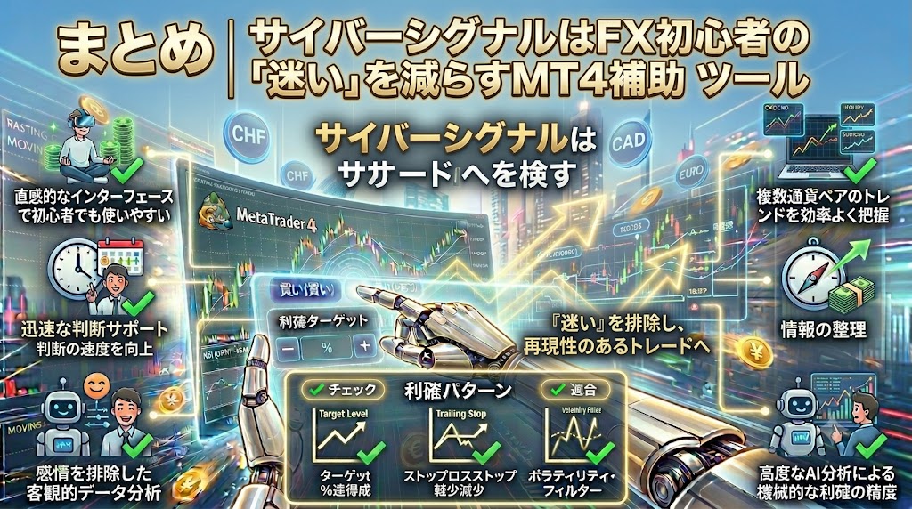 AI搭載MT4インジケーターCyberSignalがFX初心者の売買判断をサポートすることをまとめたイメージ画像
