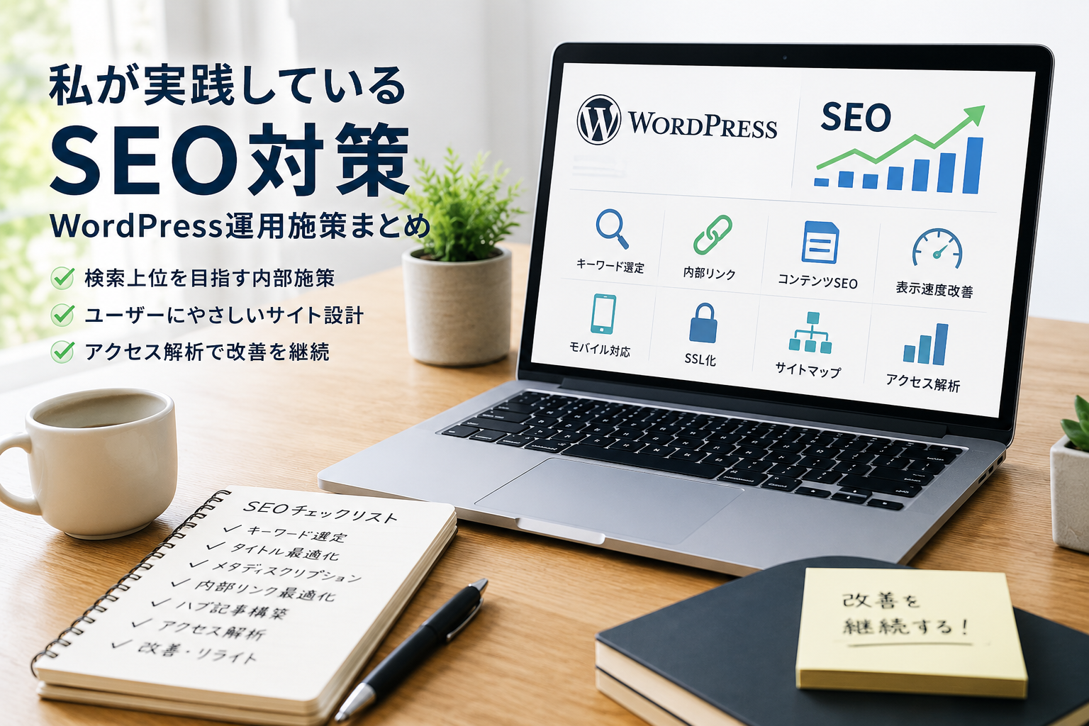 WordPressサイト運営で実践しているSEO対策をまとめたイメージ画像。ノートPCにSEO分析画面が表示され、キーワード選定や内部リンク最適化、アクセス解析などの施策を表現。