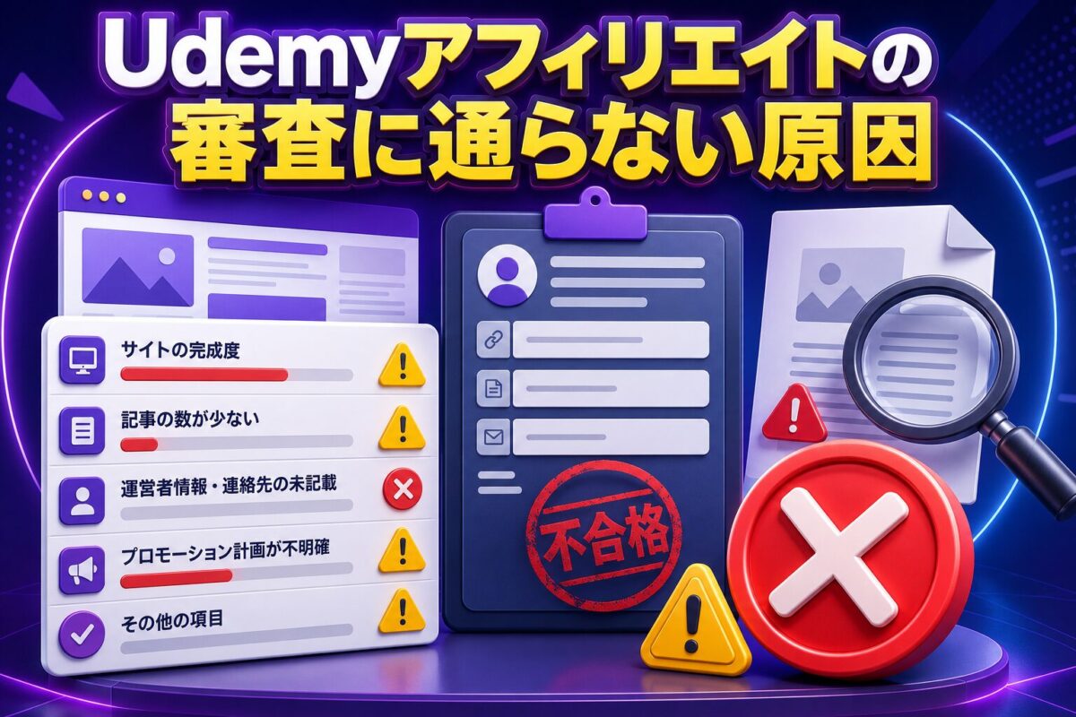 Udemyアフィリエイトの審査に通らない原因を解説した図解。サイトの完成度、記事数、運営者情報、紹介計画などの確認項目を紹介。