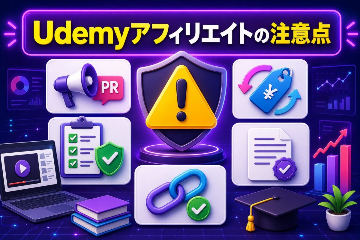 Udemyアフィリエイトの注意点をまとめた図解。PR表記、価格変動、利用規約、正確なレビュー、広告リンクの確認ポイントを紹介。