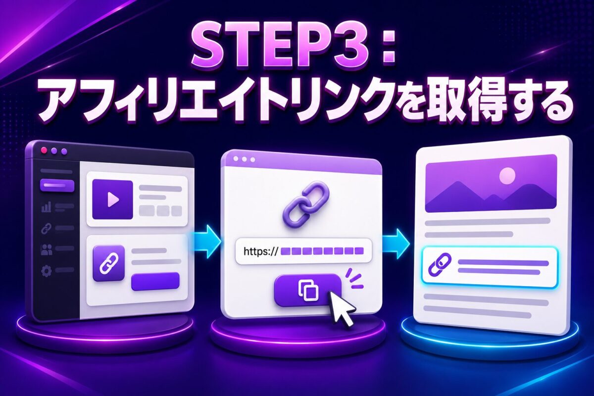 Udemyアフィリエイトリンクの取得方法を解説した図解。Impactの管理画面で専用リンクを発行・コピーし、ブログ記事へ掲載する流れを紹介。