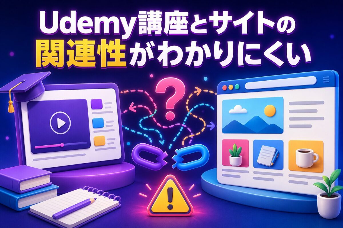 Udemy講座とサイトの関連性がわかりにくい状態を示した図解。講座内容とブログのテーマや対象読者を一致させる重要性を紹介。