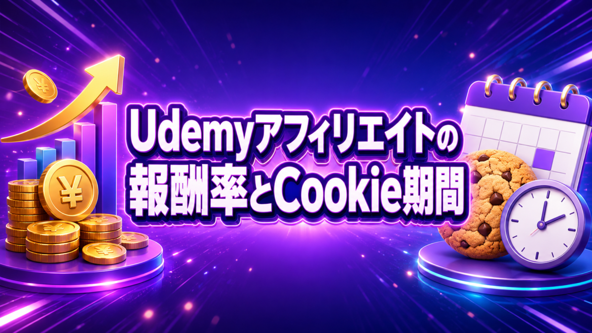 Udemyアフィリエイトの報酬率とCookie期間を、コインやグラフ、カレンダー、時計でわかりやすく表した画像