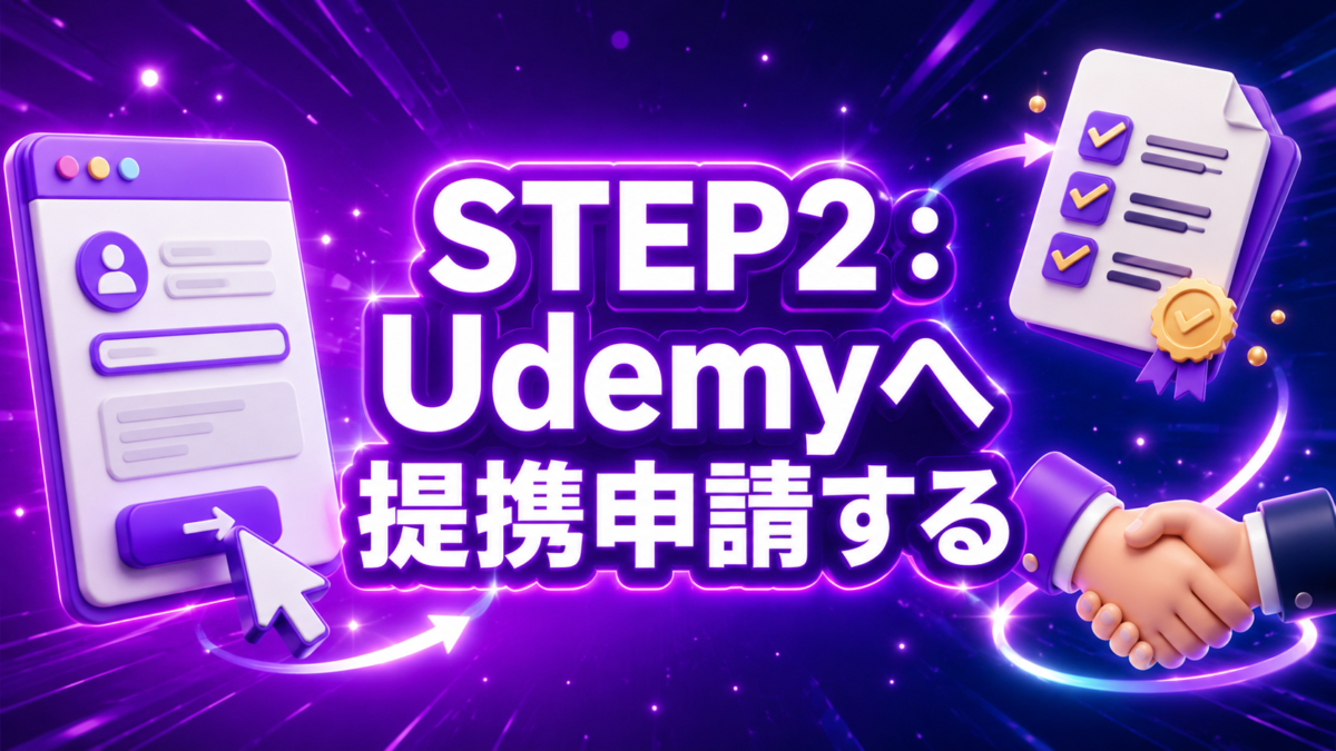 UdemyアフィリエイトのSTEP2として、Udemyへ提携申請する流れを申請フォームやチェック書類、握手で表した画像