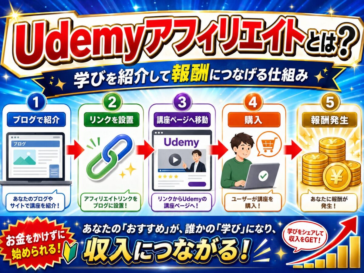 Udemyアフィリエイトとは何かを初心者向けに図解し、ブログで講座を紹介して報酬につなげる仕組みを説明した画像