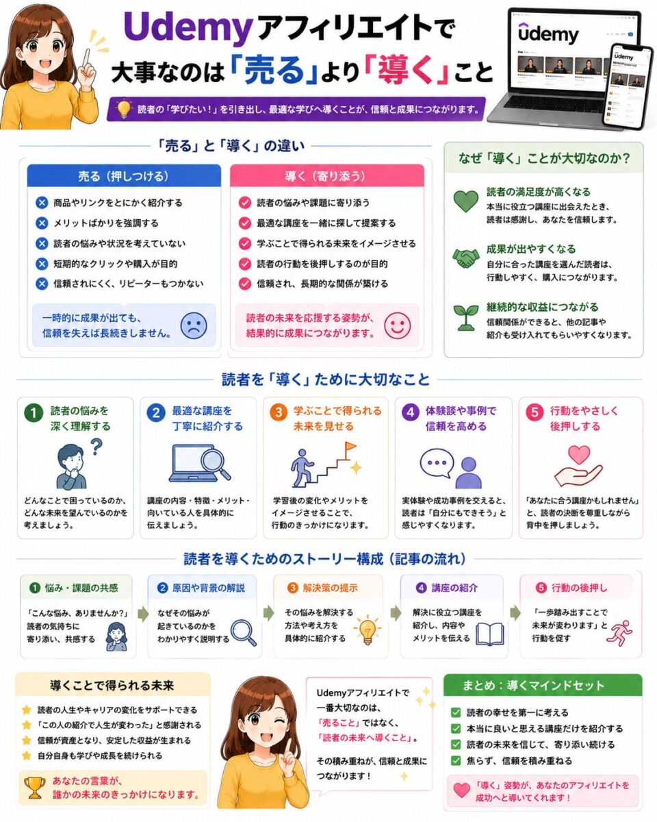 Udemyアフィリエイトで大事なのは売ることより読者を導くことだと解説し、信頼を高めながら最適な講座を紹介する考え方をまとめた画像
