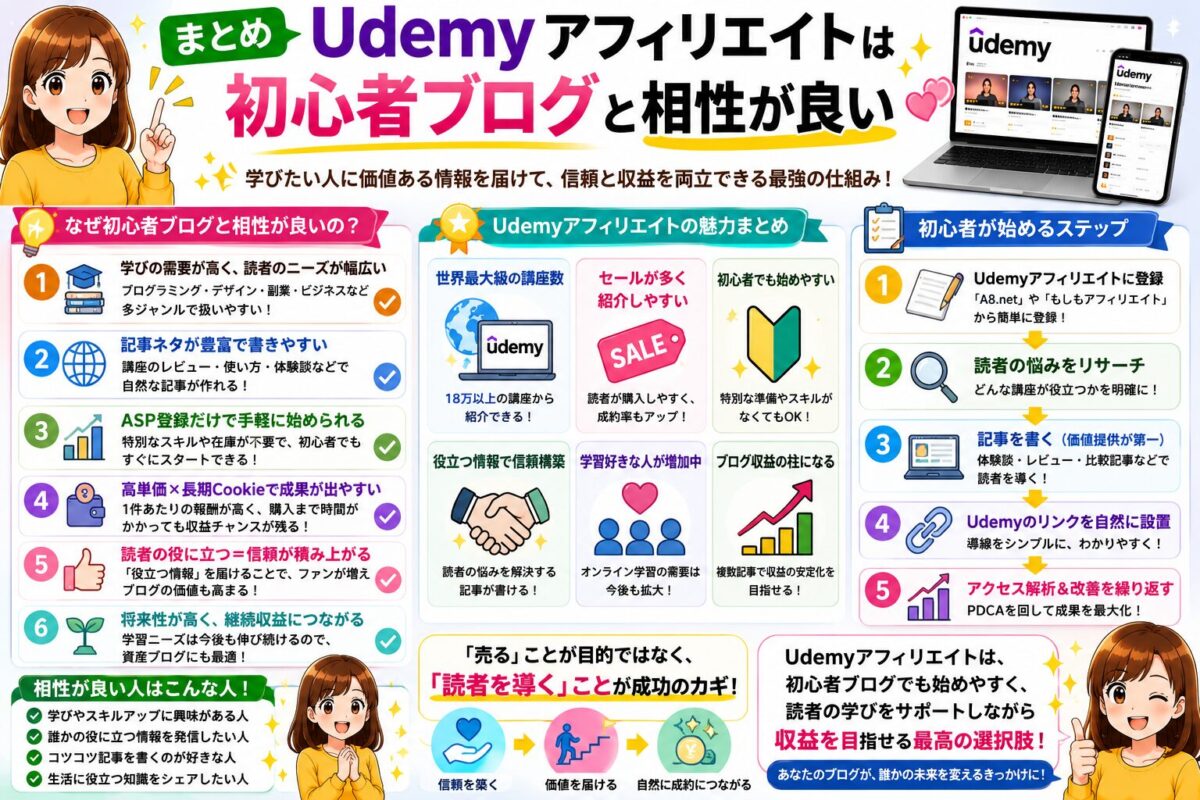 Udemyアフィリエイトは初心者ブログと相性が良い理由をまとめ、需要の安定性・講座の豊富さ・成果を出すステップを整理したまとめ画像
