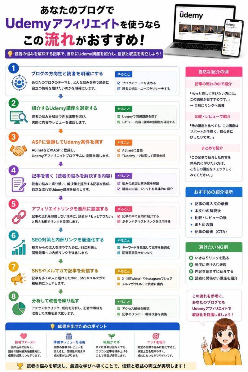 あなたのブログでUdemyアフィリエイトを使うおすすめの流れを解説し、読者の悩み確認から講座選定、ASP登録、記事作成、リンク設置、SEO対策、SNS発信、分析改善までの手順をまとめた画像