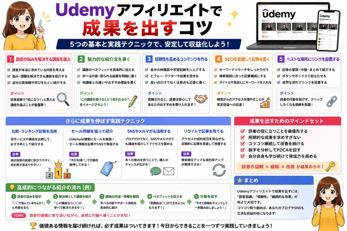 Udemyアフィリエイトで成果を出すコツを初心者向けに解説し、読者の悩み解決、魅力的な紹介文、信頼性のあるコンテンツ、SEO対策、自然なリンク設置の重要性をまとめた画像