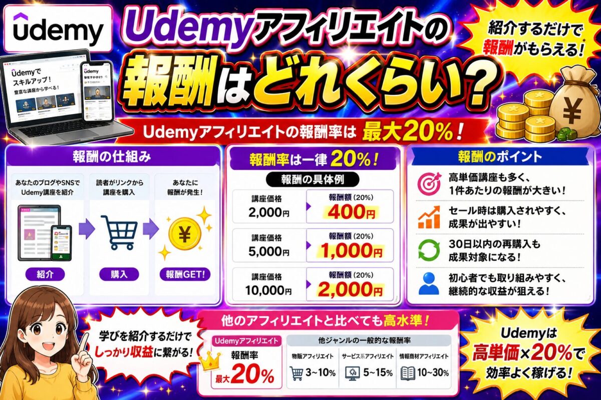 Udemyアフィリエイトの報酬目安や成果報酬の仕組みを初心者向けに解説し、講座紹介で収益化する流れを示した画像
