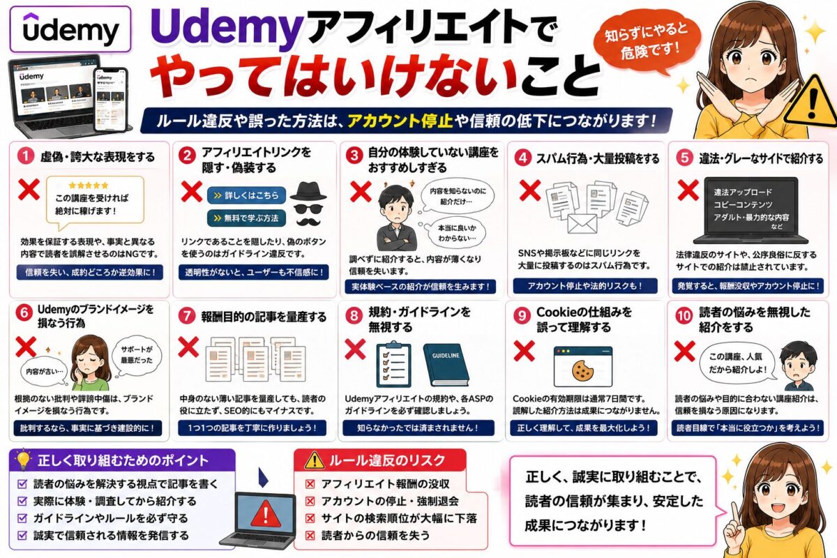 Udemyアフィリエイトでやってはいけない注意点をまとめ、誇大表現・リンクの隠蔽・規約違反・スパム投稿を避ける重要性を解説した画像