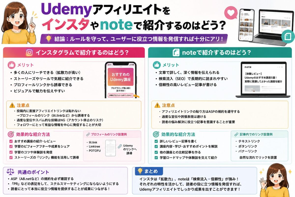 Udemyアフィリエイトをインスタグラムやnoteで紹介する方法と注意点を解説し、SNSや記事から自然に講座へ誘導する流れを示した画像
