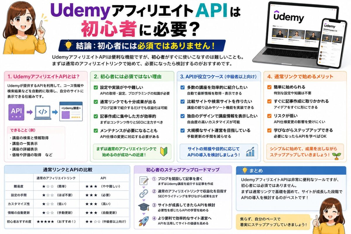 UdemyアフィリエイトAPIは初心者に必要かを解説し、まずは通常のアフィリエイトリンクから始めるべき理由をまとめた画像