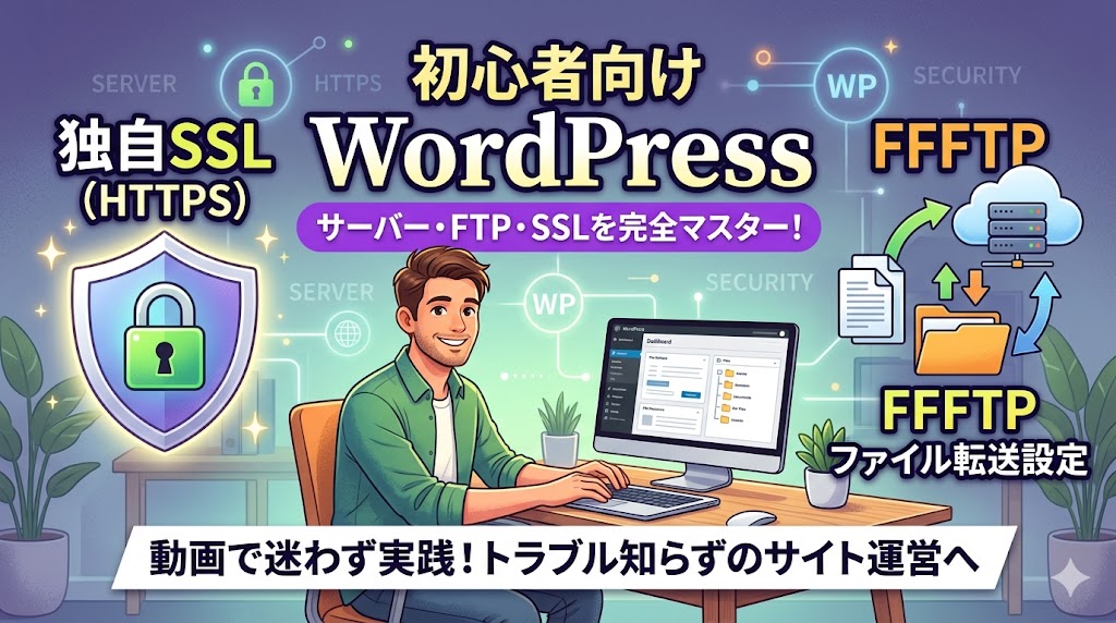 WordPress運営のポイントまとめ。常時SSL化、FFFTPファイル転送、トラブルからの復旧、動画で迷わず実践できるUdemy講座の4つのメリットを解説した図解画像。