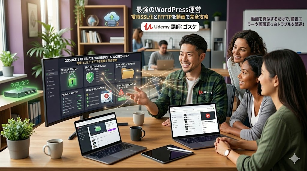 WordPress運営のポイントまとめ。常時SSL化、FFFTPファイル転送、トラブルからの復旧、動画で迷わず実践できるUdemy講座の4つのメリットを解説した図解画像。