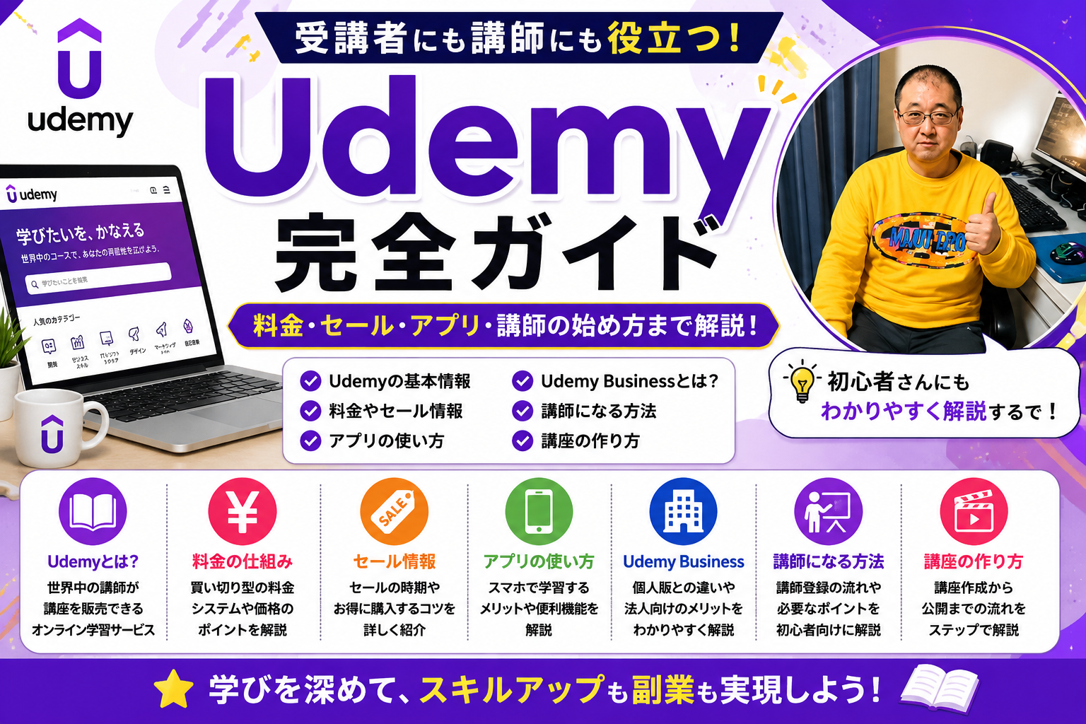 Udemy完全ガイドの解説画像。実際のUdemy講師が受講者と講師の両方の視点から、Udemyの基本情報、料金の仕組み、セール情報、アプリの使い方、Udemy Business、講師になる方法、講座作成の流れを初心者向けにわかりやすく紹介している。