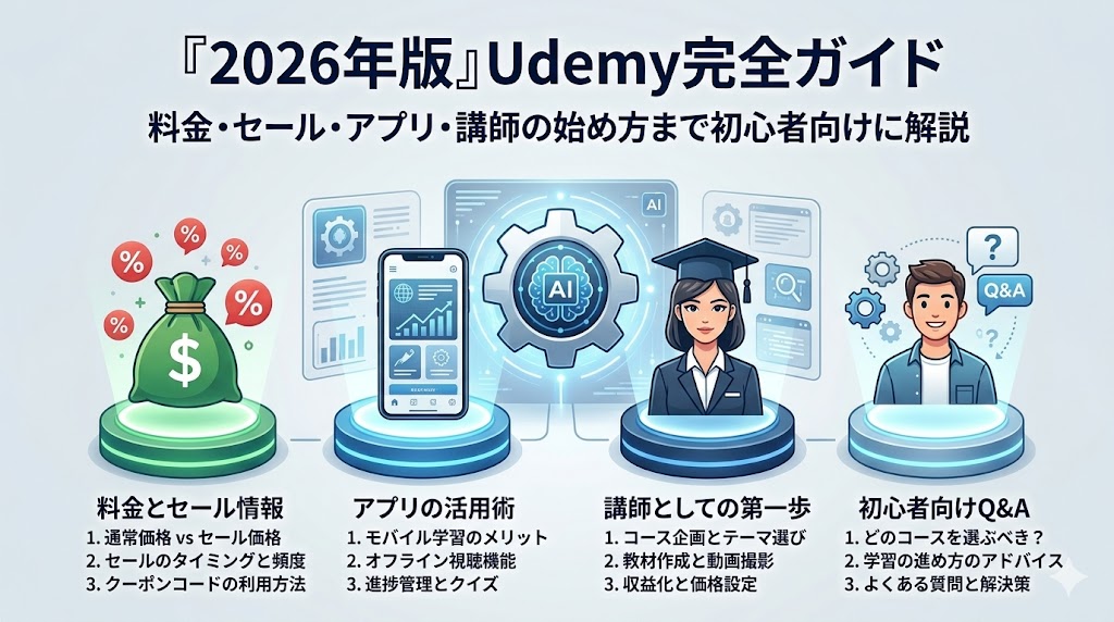 【2026年版】Udemy完全ガイドの紹介画像。料金・セール情報、アプリの活用術、講師としての第一歩、初心者向けQ&Aの4つのトピックをイラスト付きで解説しています。