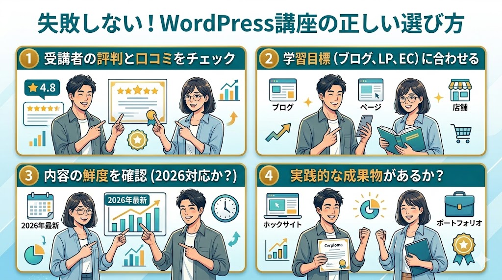 失敗しない！WordPress講座の正しい選び方を4つのポイントで解説するインフォグラフィック。1. 受講者の評判と口コミをチェック、2. 拡張目標（ブログ、LP、EC）に合わせる、3. 内容の鮮度を確認（2026対応か？）、4. 実践的な成果物があるか？について、男女のイラストが分かりやすく紹介しています