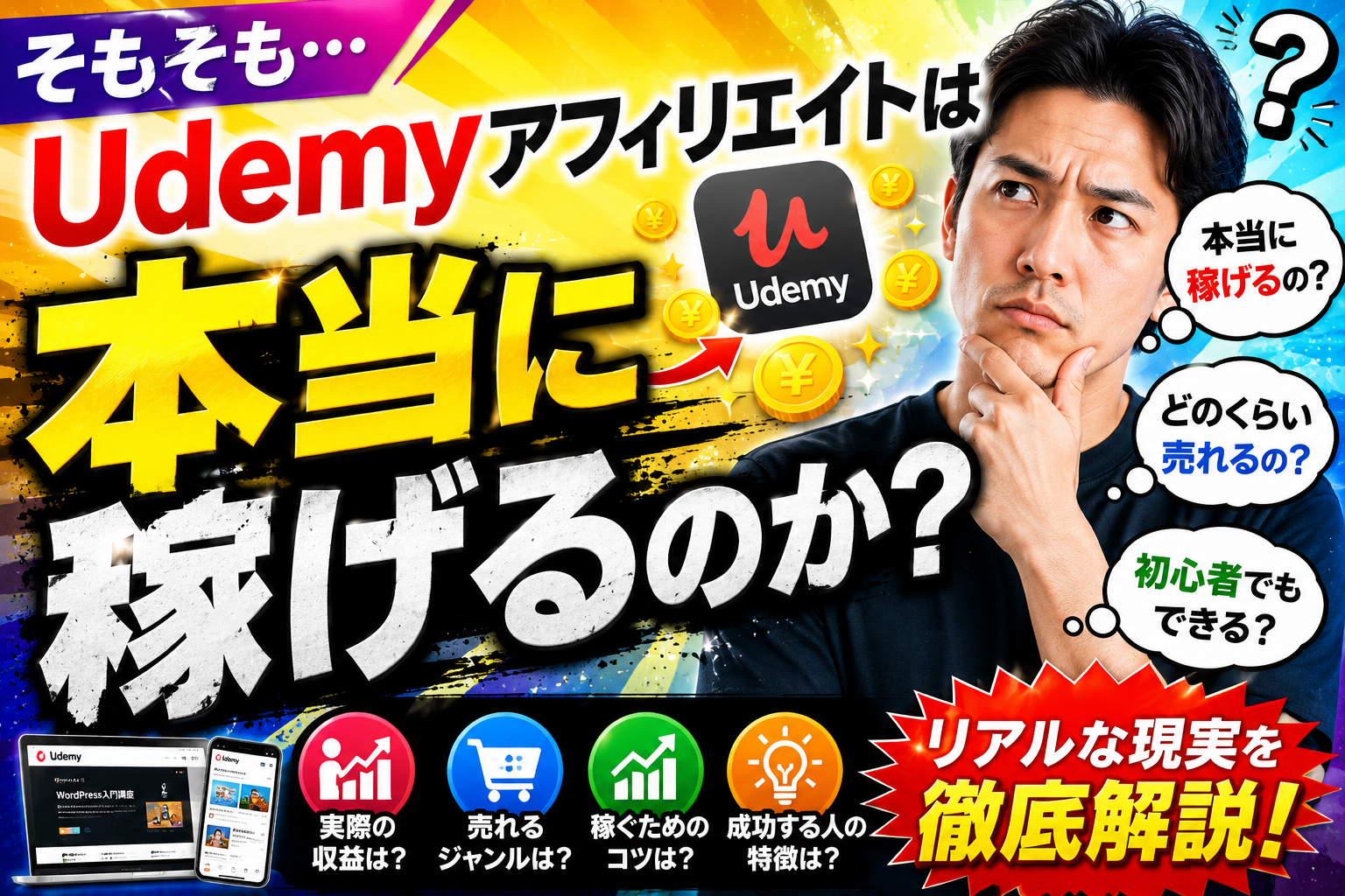 Google Search Consoleの使い方ガイドを紹介するアイキャッチ画像。初心者でも検索順位やクリック数がわかることを、パソコン画面とグラフでわかりやすく表現。
