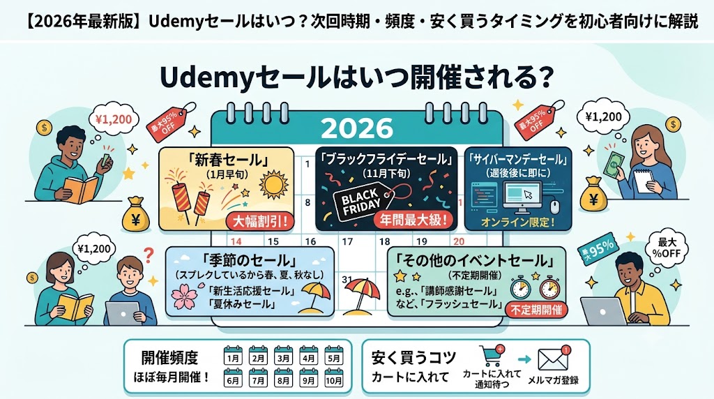 ブログ記事の見出し画像。「Udemyセールはいつ開催される？」という文字を中心に、2026年のカレンダーや「新春セール」「ブラックフライデー」などの年間スケジュール、開催頻度、安く買うコツをわかりやすくまとめた明るいインフォグラフィック。