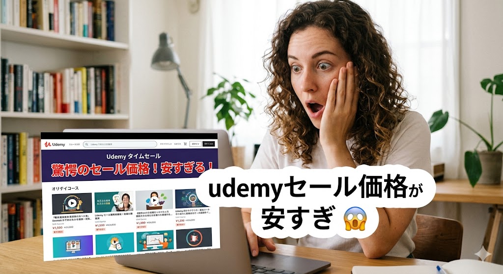 パソコンの画面を見て驚いた表情の女性と、画面内に表示されたUdemyのタイムセールページ。「udemyセール価格が安すぎ😱」という大きな文字のテロップが入ったアイキャッチ画像。